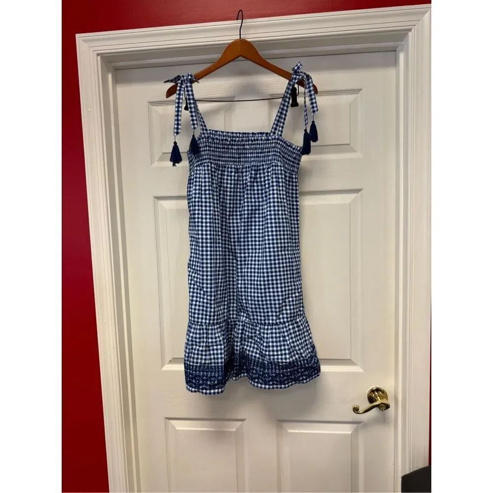Margaux Riviera Blue & White Smocked Gingham Tassel Tie Sun Dress sz M NWOT